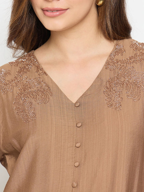 Madame Brown Embroidered Buttoned Peplum Top