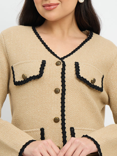 Madame Contrast Trim Brown Cardigan