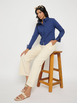 Madame Solid Wide Leg Off White Rayon Blend Trousers
