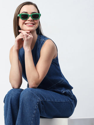 Madame Pintuck Detailed Top and Straight Trousers Mid Blue Co-ord Set