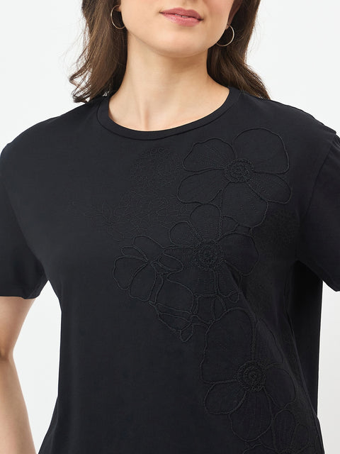 Madame Black Cotton Half-Sleeve T-Shirt