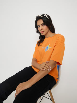 Madame Front and Back Graphic Print Orange Cotton T-Shirt