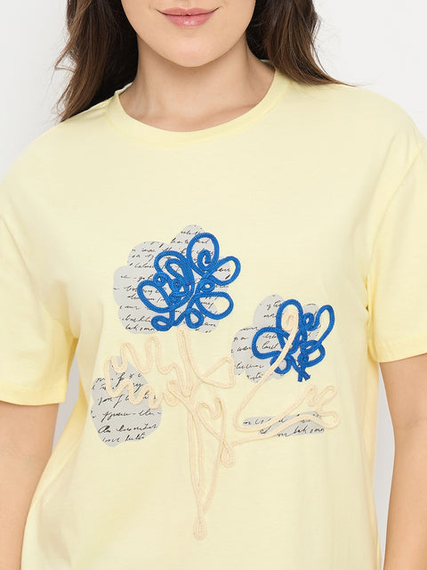 Madame Yellow Graphic Print Cotton Round Neck T-Shirt