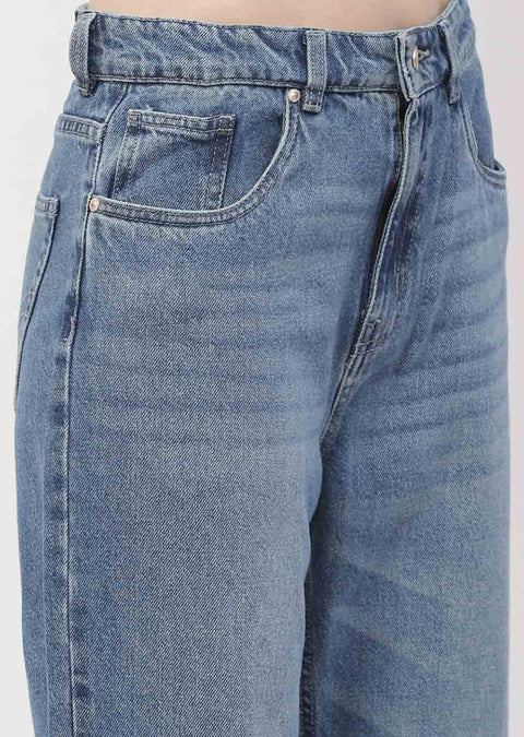 Madame Washed Mid Blue Distressed Hem Jeans
