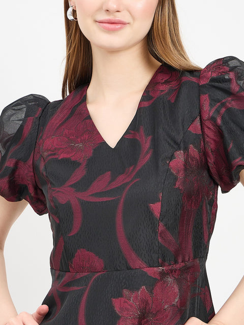 Madame Textured Burgundy Flared Dress
