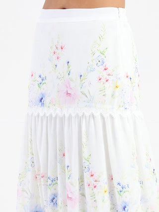 Madame Floral Print Tiered White Maxi Skirt