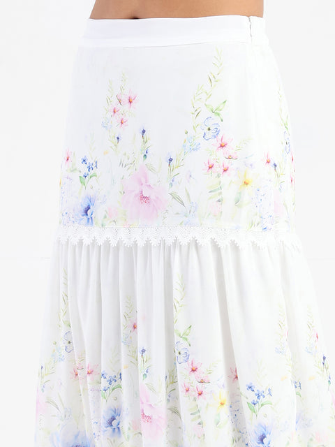 Madame Floral Print Tiered White Maxi Skirt