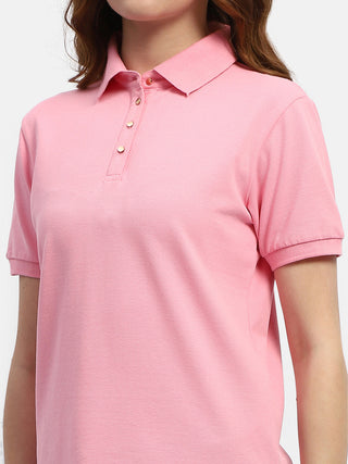 Madame Solid Pink Polo Neck T-Shirt
