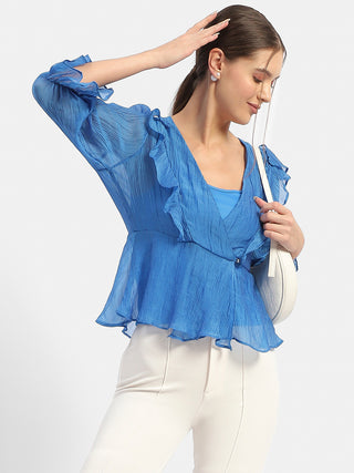 Madame Surplice Neck Royal Blue Poet Sleeve Top
