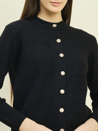 Madame Round Neck Black Knit Cardigan