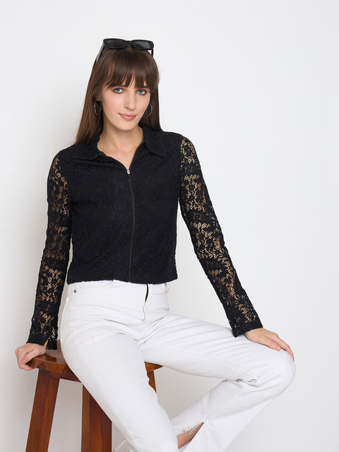Madame Lace Zipper Cotton Blend Solid Black Top