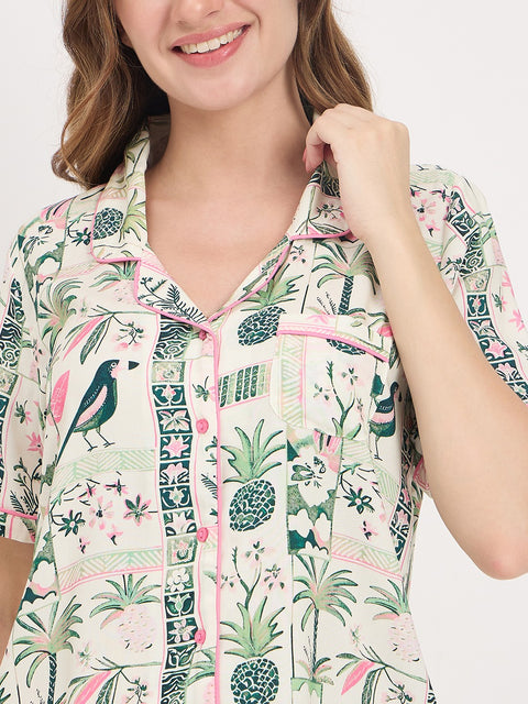 mSECRET Green Printed Rayon Spread Collar Short Sleeve Night Suit