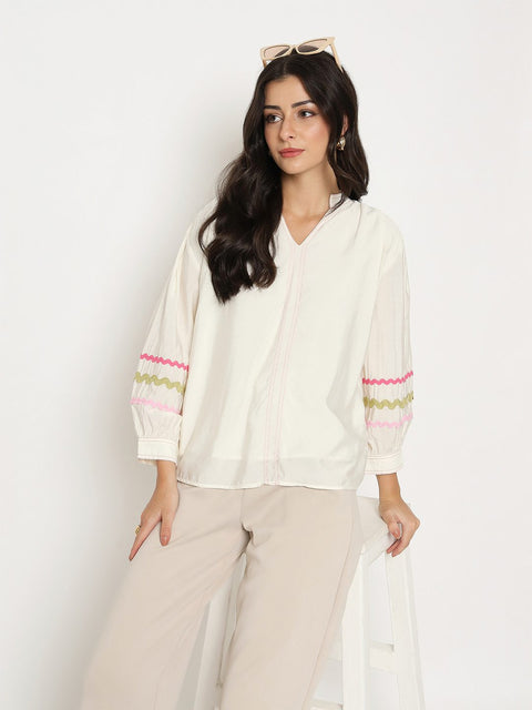 Madame Rayon Blend Dori Embroidered Off White Top
