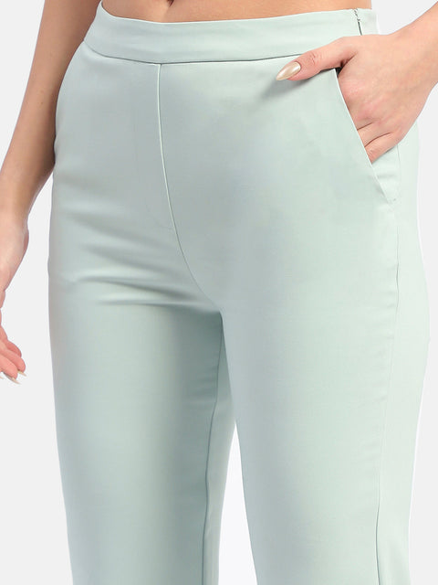 Madame Solid Green Flared Trousers