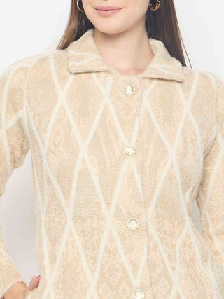 Madame Geometric Print Long Beige Cardigan