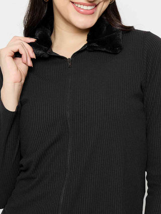 Madame Fur Trimmed Black Zipped Top