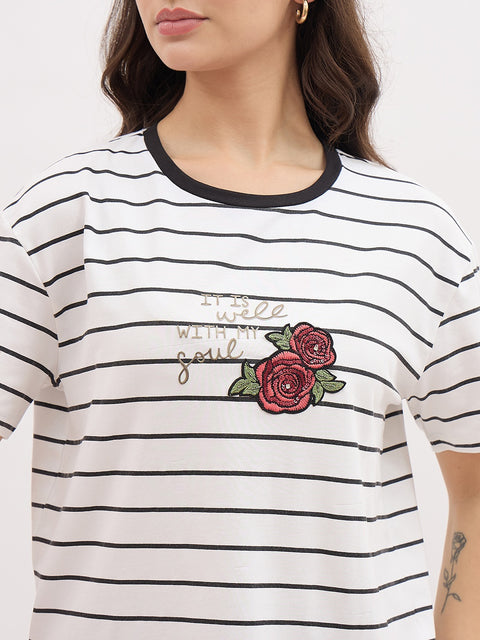 Madame Off White Striped with Print Half Sleeve T-Shirt