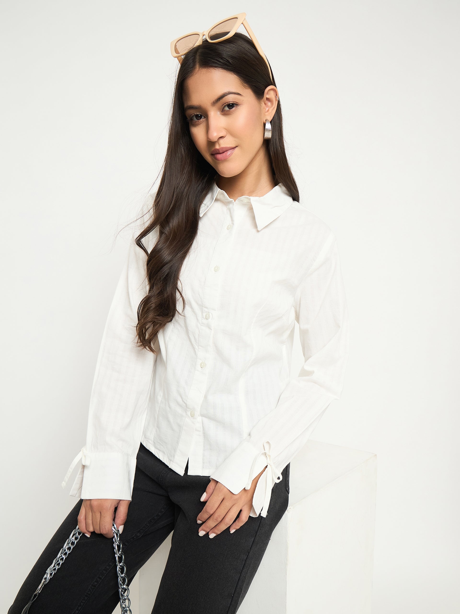 Madame Tie-Cuff Detail Striped White Cotton Shirt color swatch