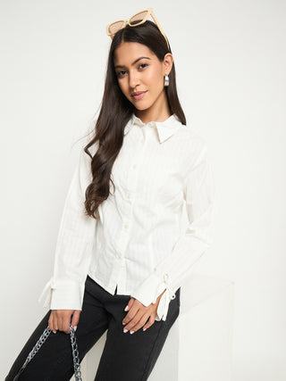 Madame Tie-Cuff Detail Striped White Cotton Shirt