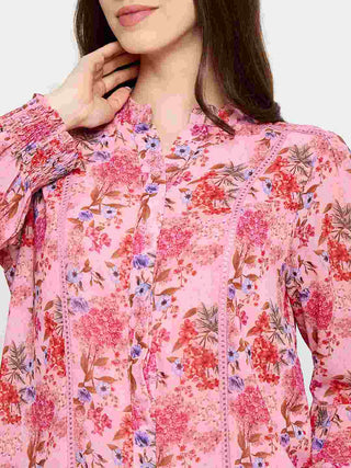 Madame Floral Print Lace Detailed Pink Top