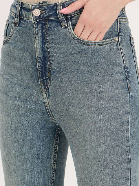 Madame Mid Blue Cotton Whiskered Straight Fit Ankle Jeans