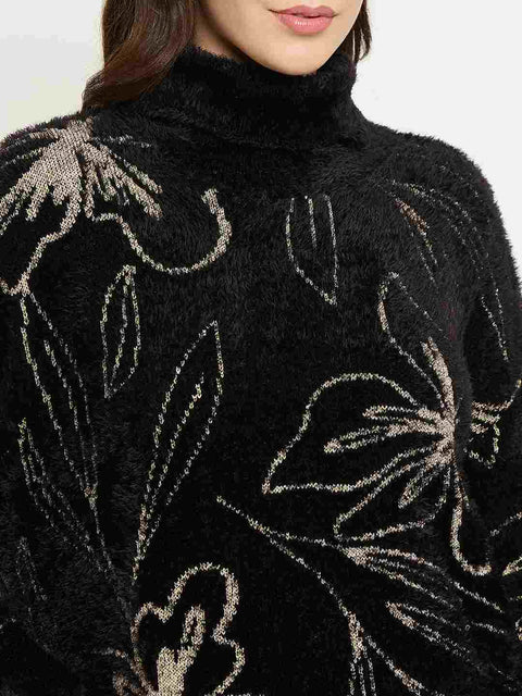 Madame Floral Print High Neck Black Sweater