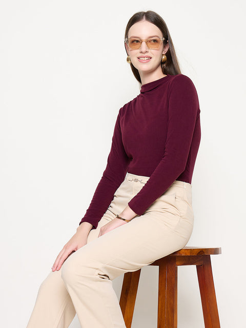Madame Funnel Neck Full Sleeve Seam Detailed Solid Maroon Knitted Top