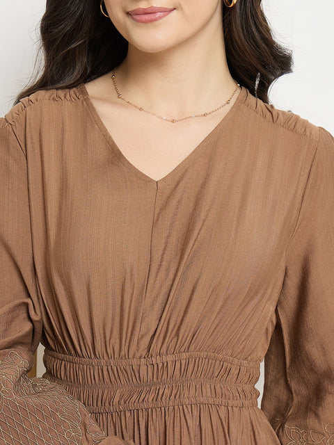 Madame Brown Rayon Nylon Blend Embroidered Dress