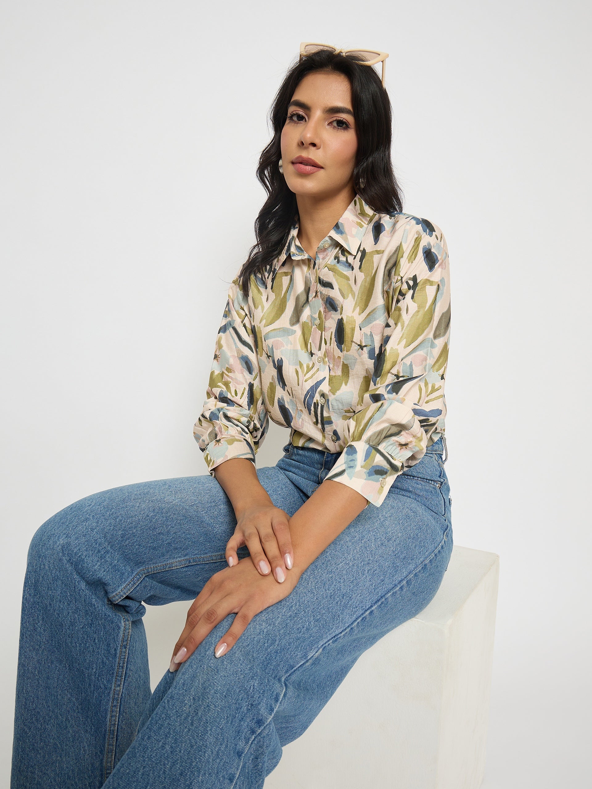 Madame Abstract Print Olive Green Rayon Blend Shirt color swatch
