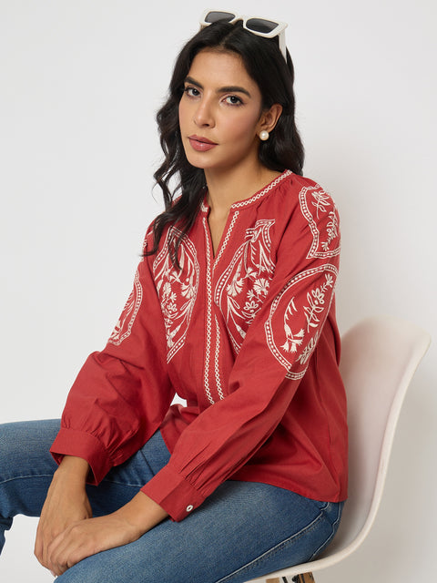 Madame Floral Embroidery Red Viscose Blend Top