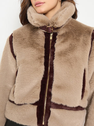 Madame Faux Fur Trim Brown Jacket with Contrast Seams