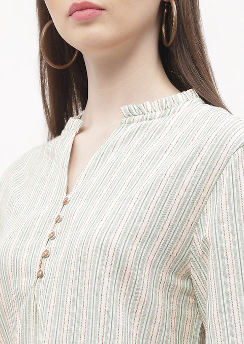 Madame Ruffle Mandarin Collar Green Striped Top