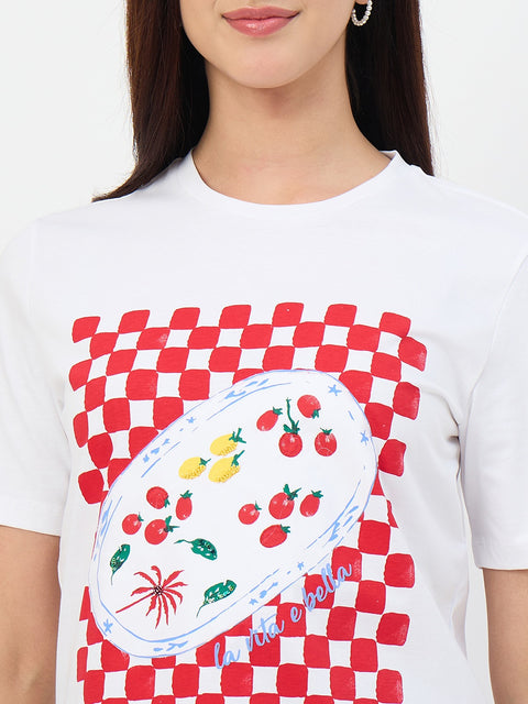 Madame White Printed Crew Neck Cotton T-Shirt