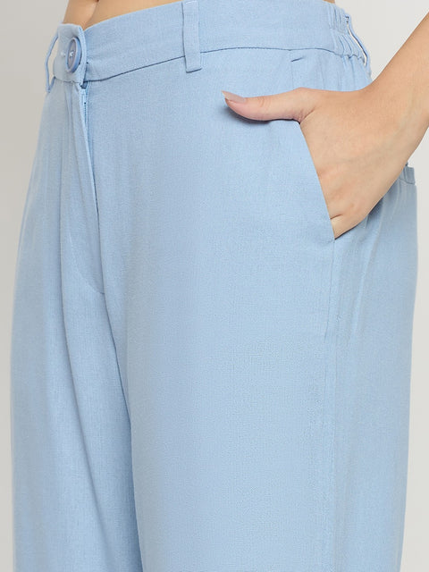 Madame Blue Rayon Linen Straight Fit Ankle Trousers