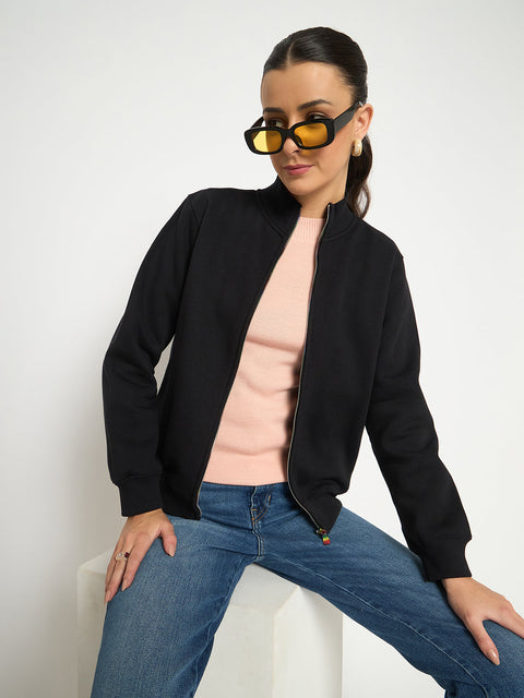 Madame Fleece T Neck Front Zip Black Sweatshirt