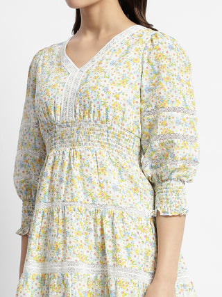 Madame Green Fit And Flare Floral Print Short Dress
