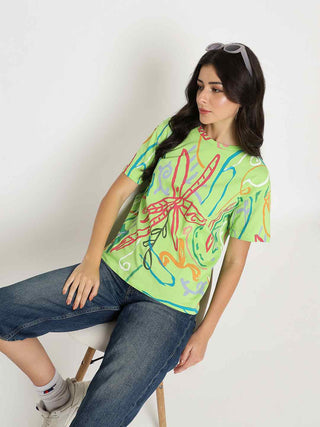 Madame All Over Print Half Sleeve Parrot Green Cotton T-shirt