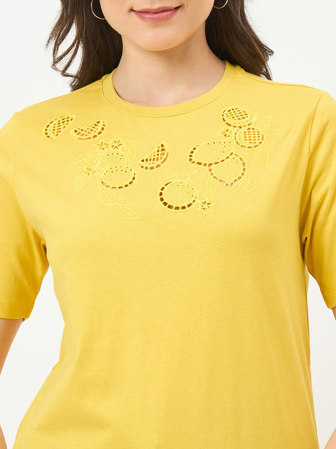 Madame Yellow Cotton Half-Sleeve T-Shirt