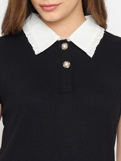 Madame Black Contrast Collar Polo T-shirt