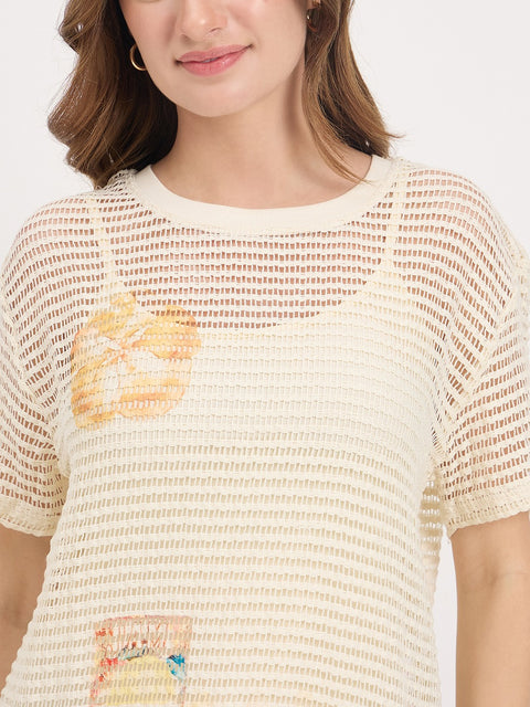 Madame Beige Printed Round Neck Half Sleeve T-Shirt