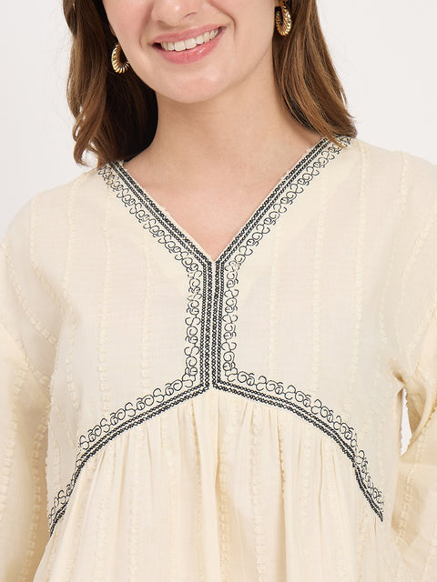 Madame Off White Cotton Lace Detail V-Neck Puff Sleeve Top