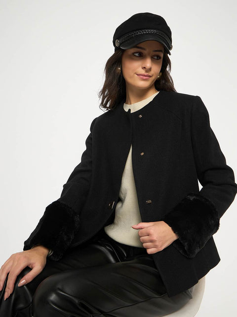 Madame Front Pocketed Round Neck Black Short Coat