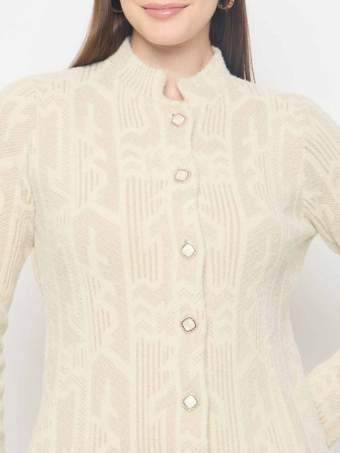 Madame Abstract Print Long Beige Cardigan