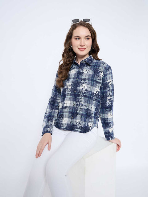 Madame Long Sleeve All Over Printed Shirt Collar Front Button Blue Shirt