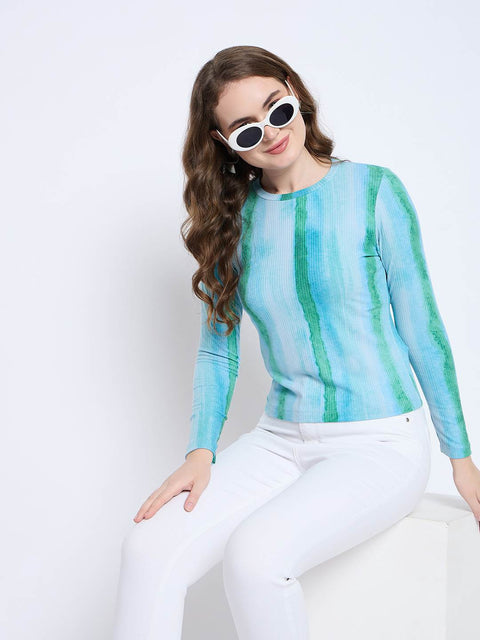 Madame Abstract Print Crew Neck Loose Fit Mint Green Top
