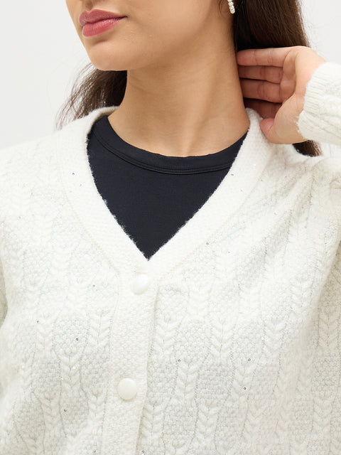 Madame White Self Design Cardigan