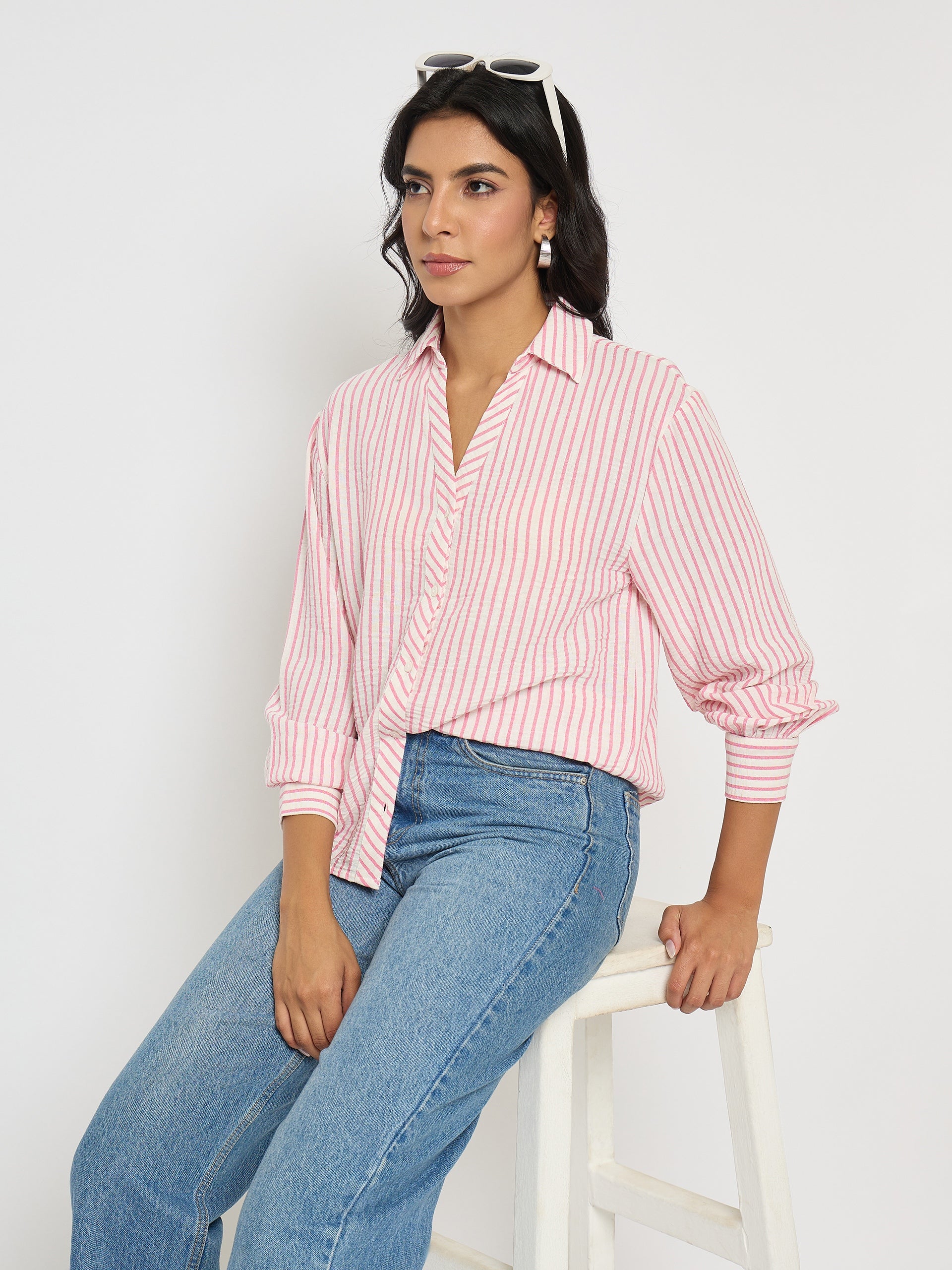 Madame Textured Pink Striped Shirt color swatch