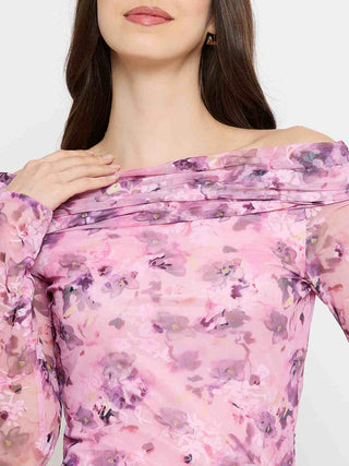 Madame Floral Print Off Shoulder Pink Maxi Dress