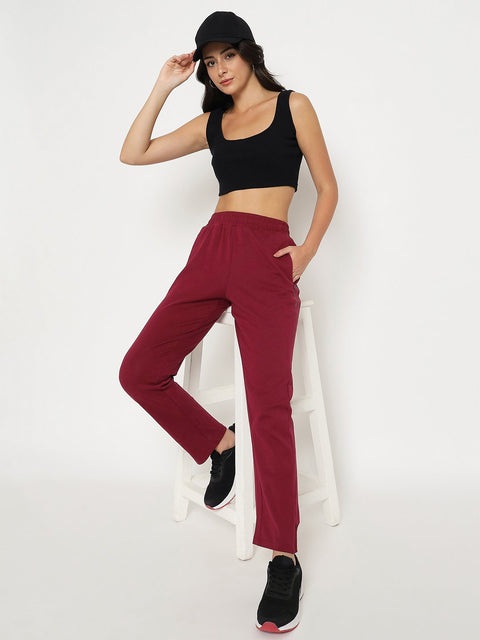 mSECRET Straight Fit Wine Red Cotton Blend Track Bottom