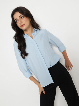 Madame Textured Solid Sky Blue Rayon Blend Shirt